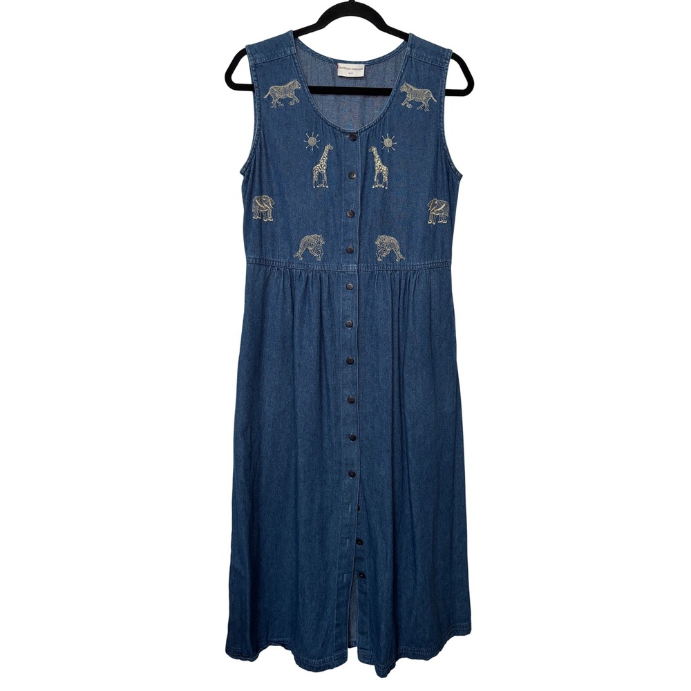 Cotton Casual‎ Vintage 90s Denim Embroidered Safari Animal Midi Dress Blue S/P